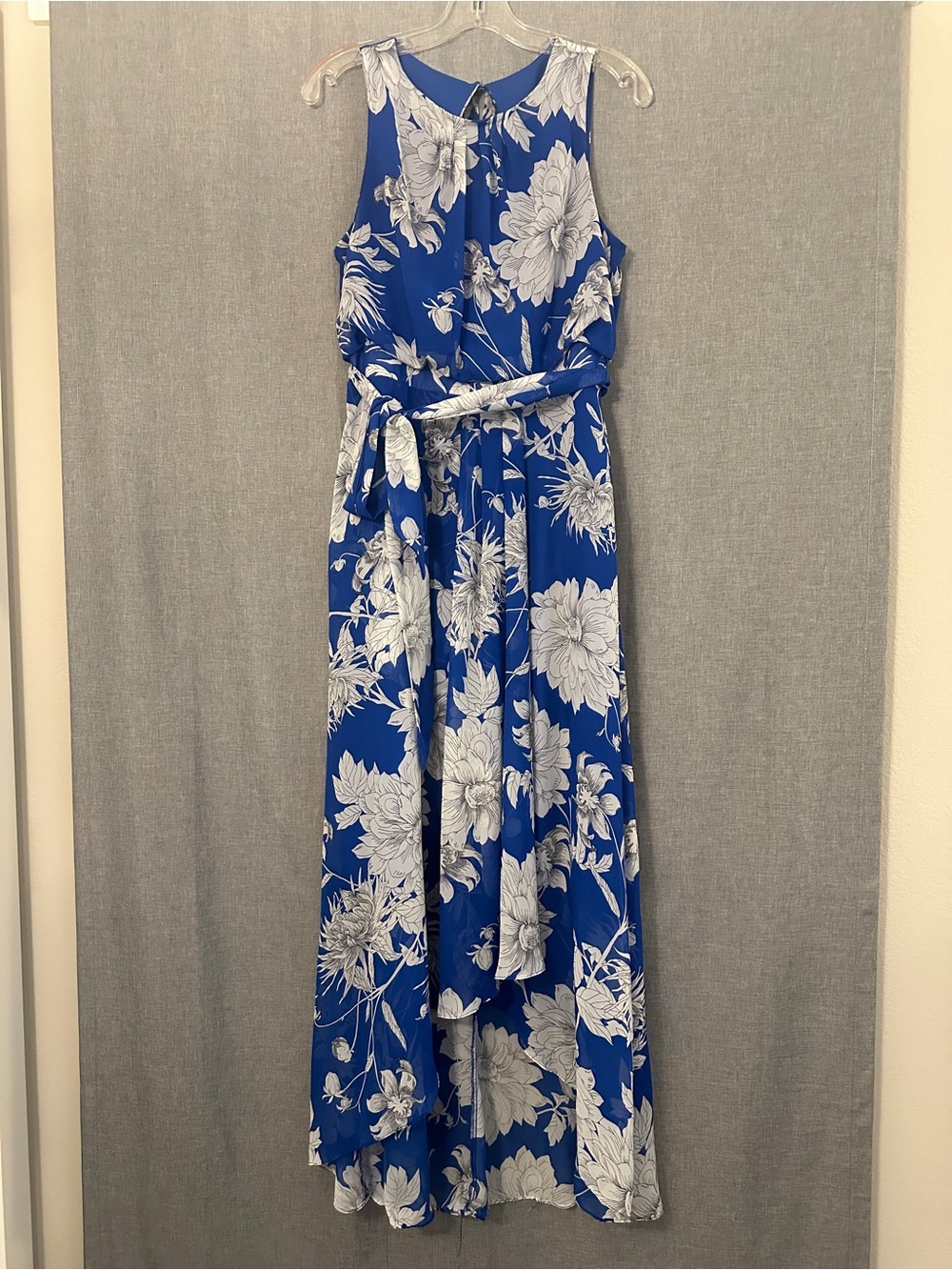 Blue Floral Sleeveless Maxi Dress with Waist Tie
